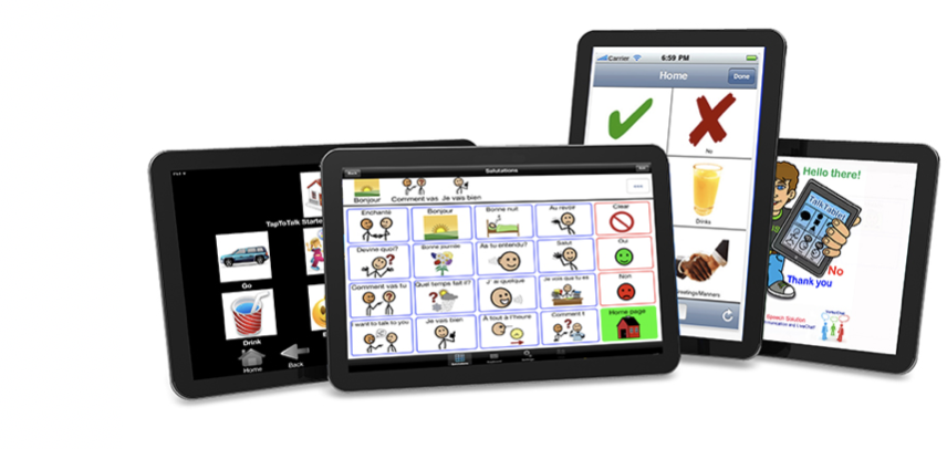 Photo de plusieurs tablettes montrant différentes applications de communication par pictogrammes.