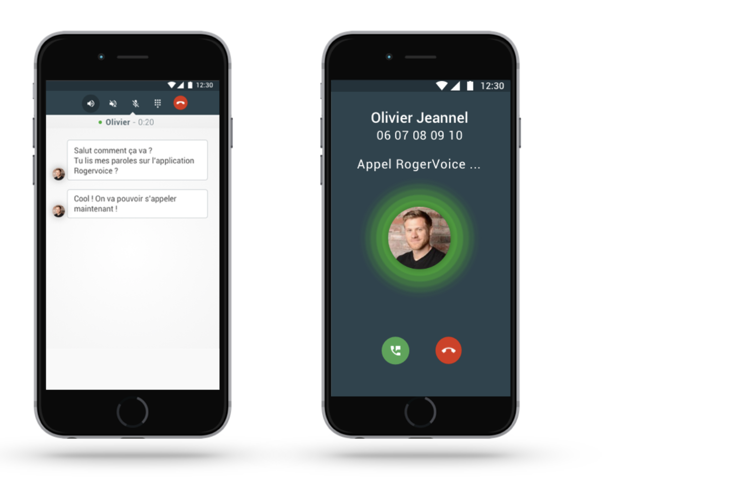 Photo de deux iPhone en communication l'un avec l'autre via l'application Rogervoice.