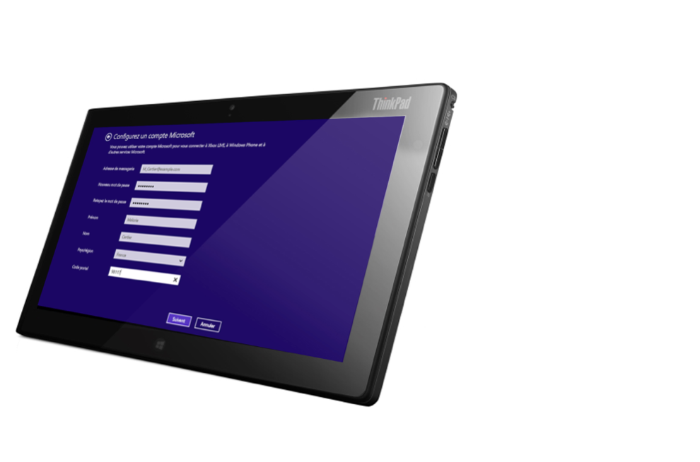 Image de la création d'un compte Windows sur une tablette