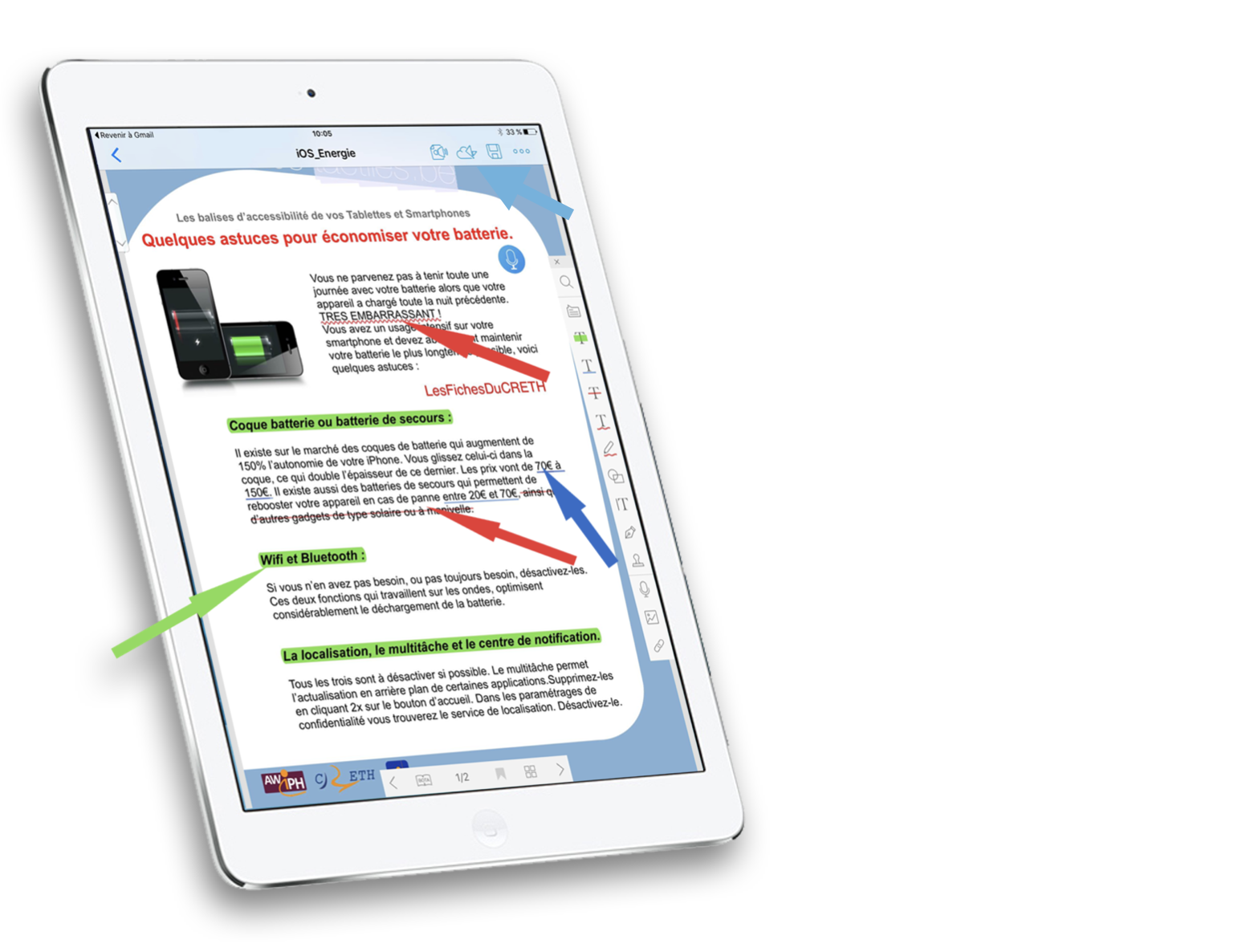 Photo d'un iPad affichant une document traité par PDF CONNOISSEUR