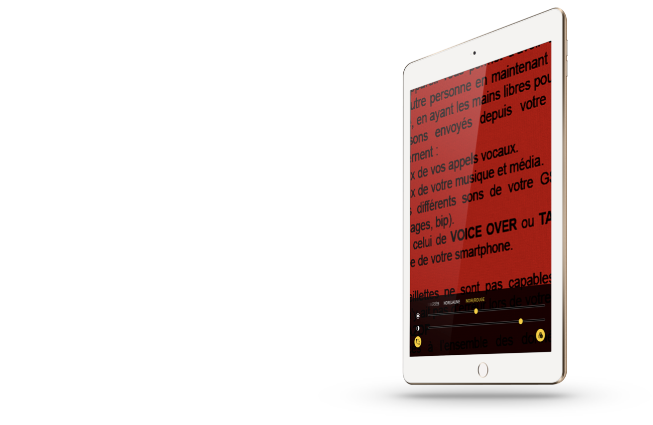 image d'un iPad affichant un texte agrandit et mis sur fond rouge