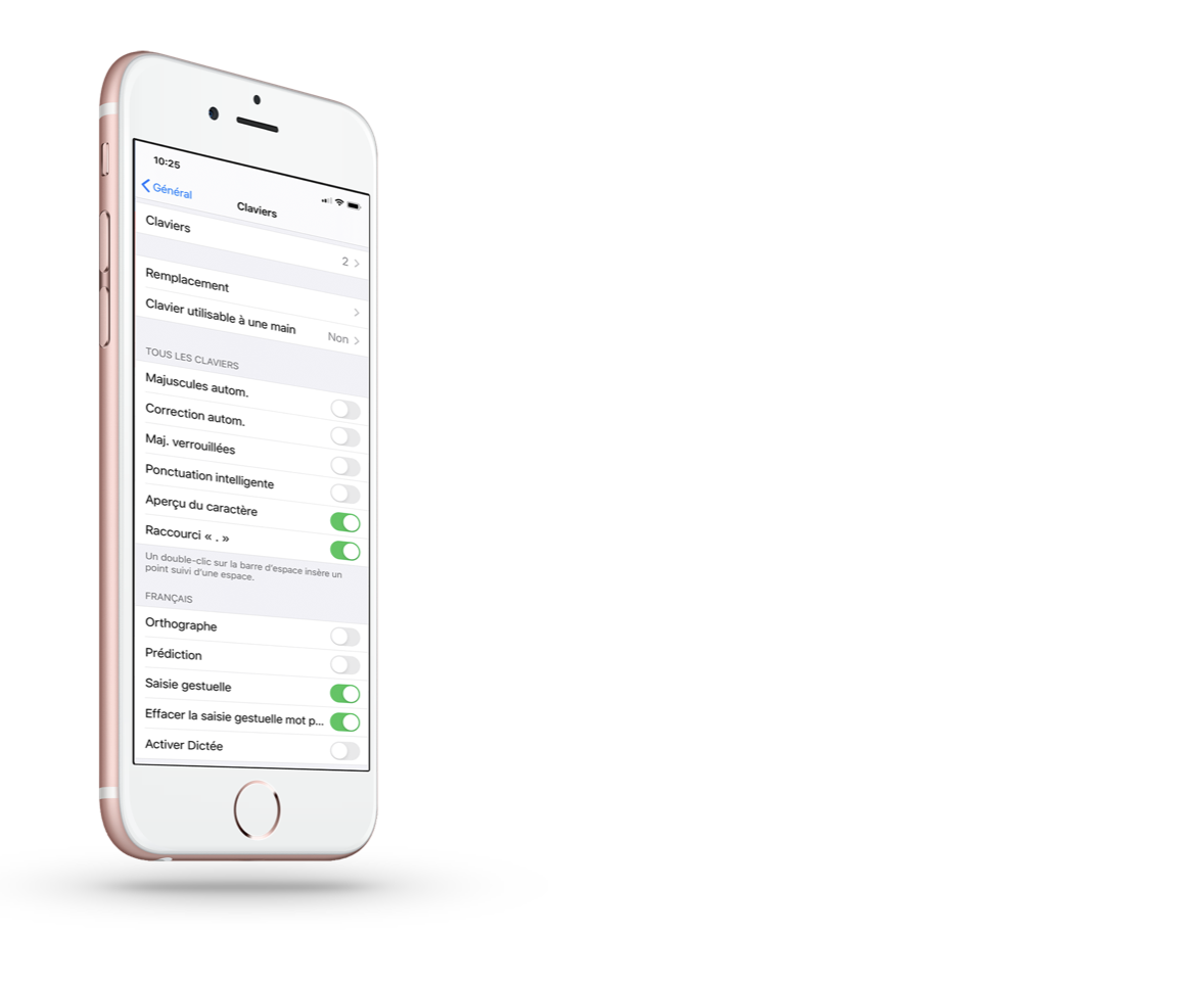 image montrant un iPhone affichant les réglages de certaines actions du clavier