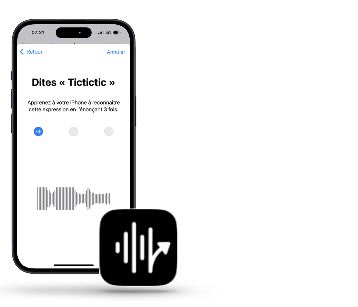 Image d'un iPhone affichant un des écran de configuration du paramètrage raccourcis vocaux